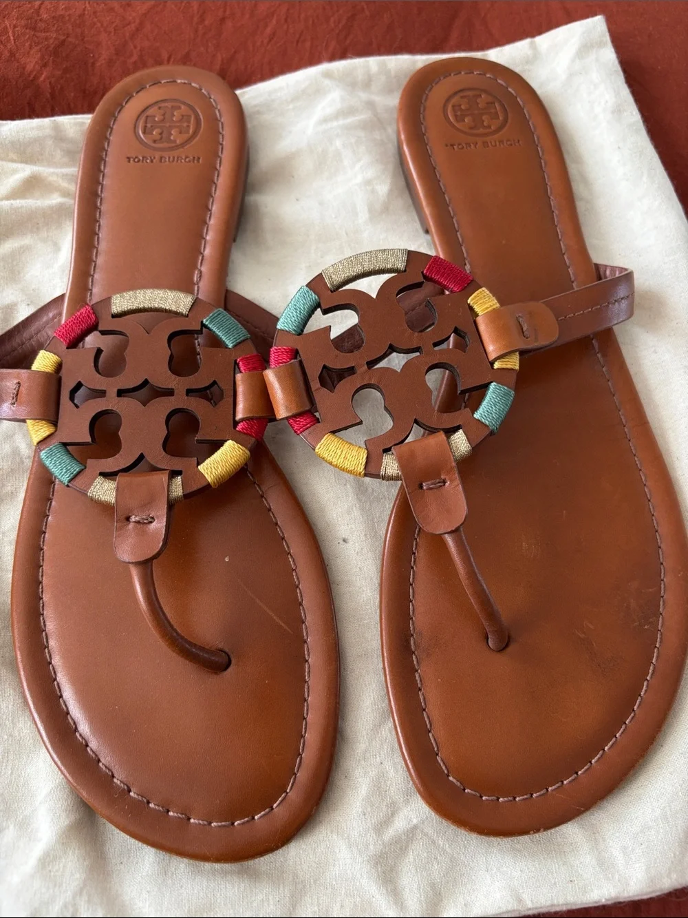 Tory Burch Brown Leather Miller Thong Sandals with Multicolor Trim - Picture 2 of 7